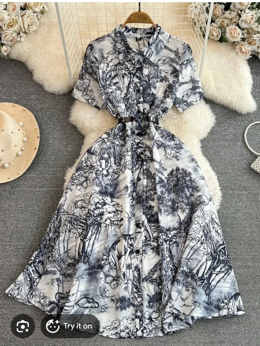 Inspired Floral Midi Shirt Dress Preppy Classic Black White Toile Y2K Designer - Picture 1 of 10